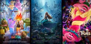 Elemental, Little Mermaid, Trolls Movie Collage